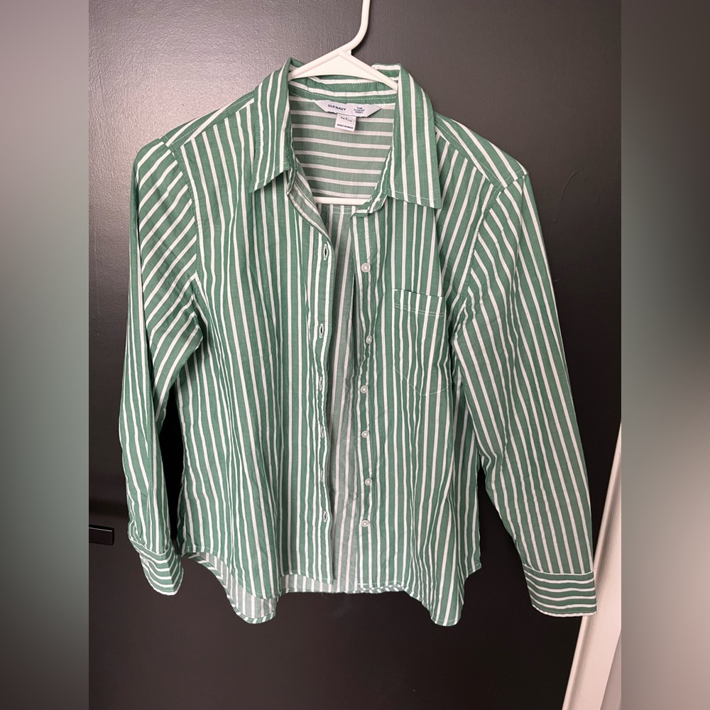 Cotton Green and White Striped Button Down Shirt